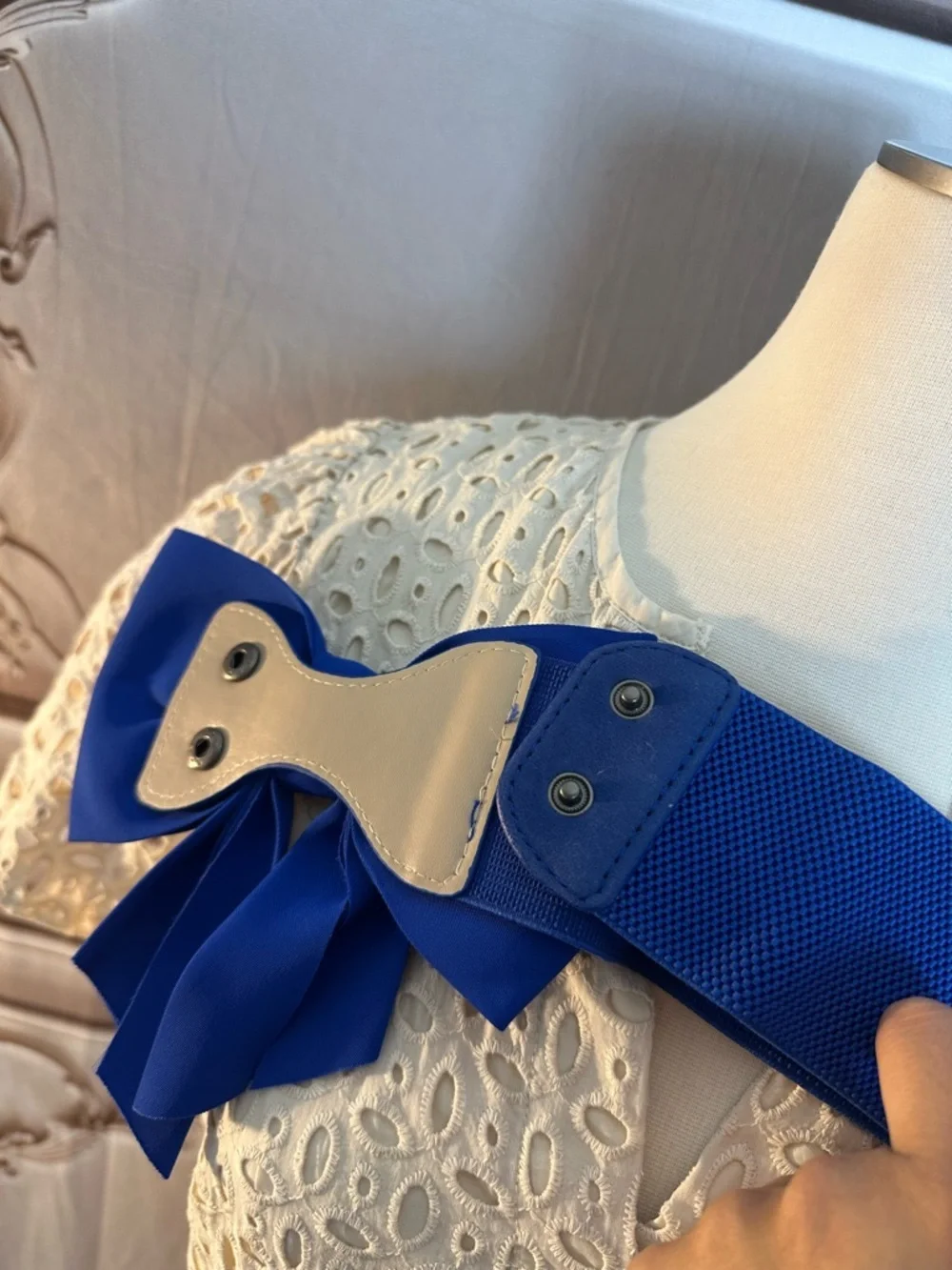 White Eyelet Maxi Dress with Royal Blue Bow Belt - Picture 13 of 13